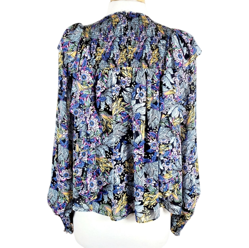 CINQ A SEPT Harriet Floral Smocked Yoke Top Blouse Ruffles Small - Picture 4 of 10